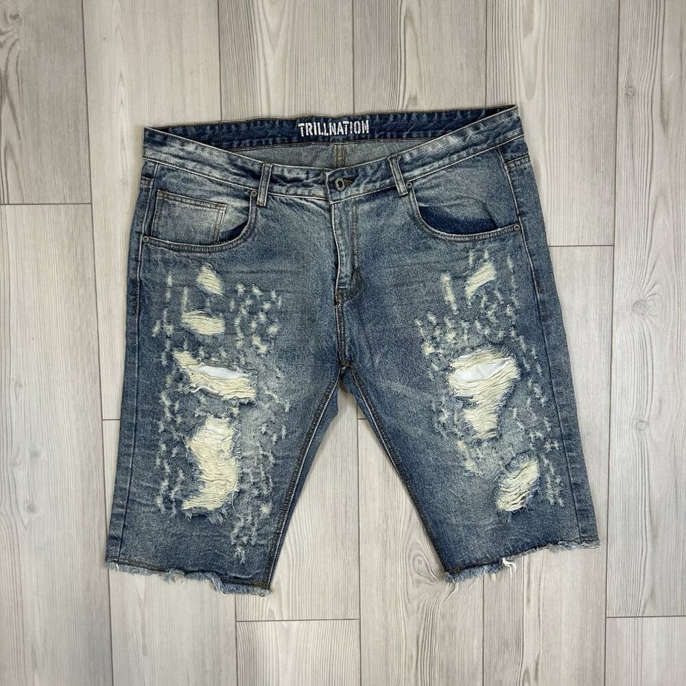 Trillnation Mens Distressed‎ Acid Wash Denim Shorts Size 42